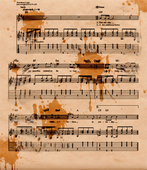 Tear-stained sheet music for Yesterday